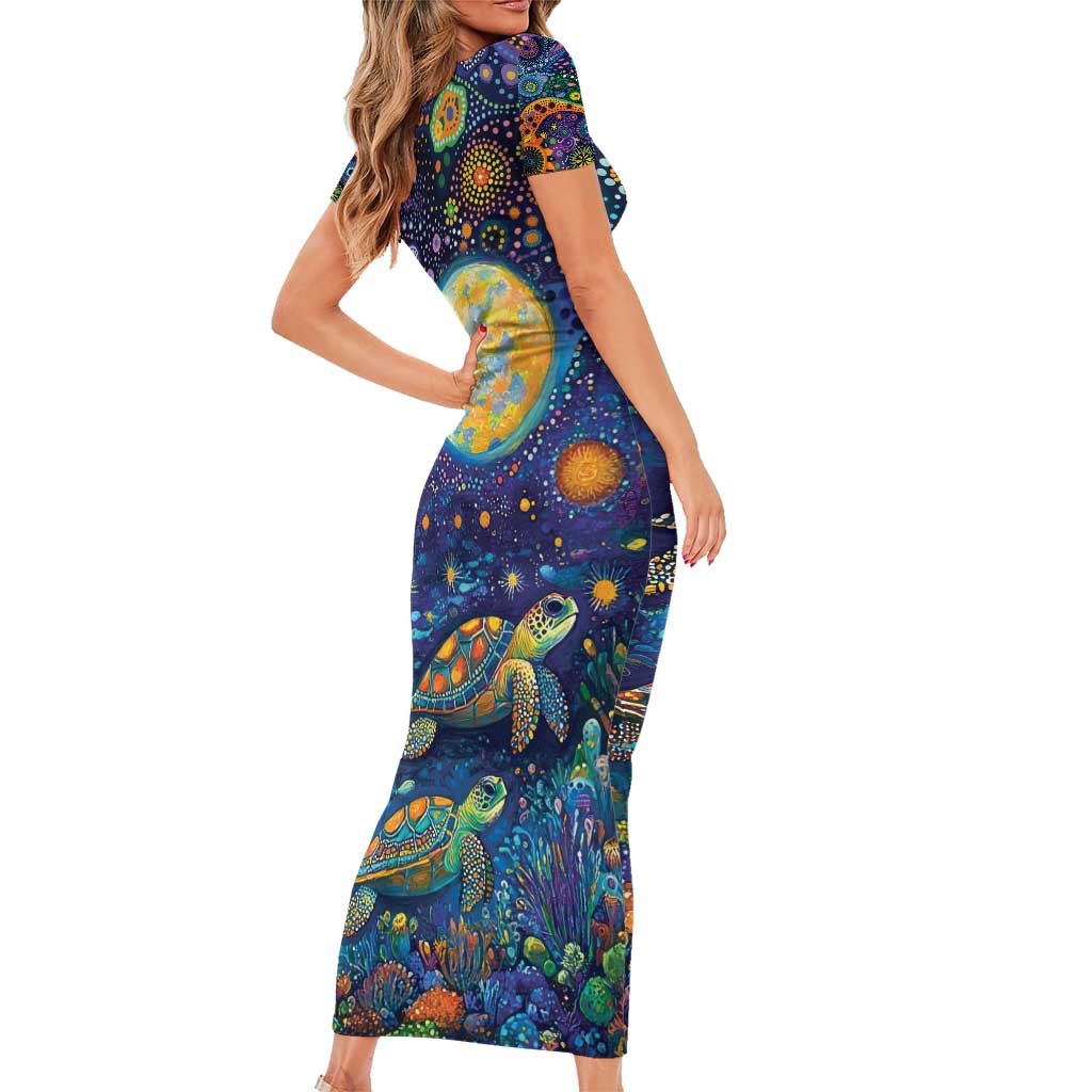 Underwater Turtles Starry Night Sky Family Matching Short Sleeve Bodycon Dress and Hawaiian Shirt Aboriginal Dot Painting Full Moon Coral Landscape