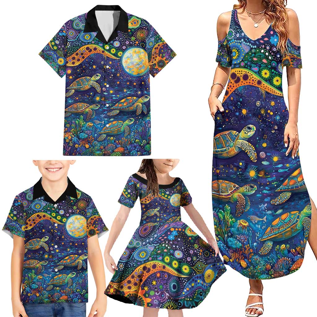 Underwater Turtles Starry Night Sky Family Matching Summer Maxi Dress and Hawaiian Shirt Aboriginal Dot Painting Full Moon Coral Landscape