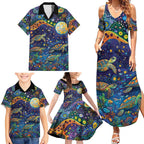 Underwater Turtles Starry Night Sky Family Matching Summer Maxi Dress and Hawaiian Shirt Aboriginal Dot Painting Full Moon Coral Landscape
