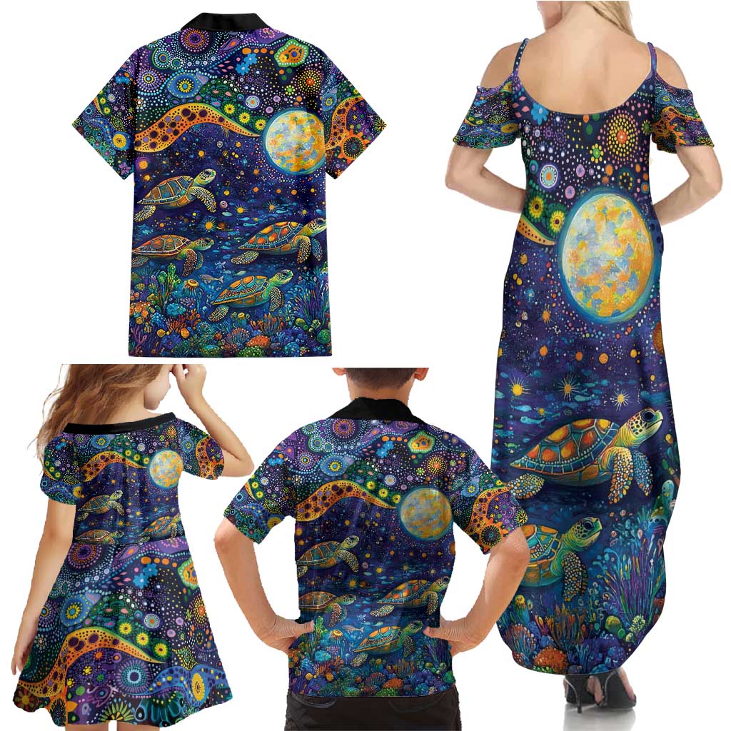 Underwater Turtles Starry Night Sky Family Matching Summer Maxi Dress and Hawaiian Shirt Aboriginal Dot Painting Full Moon Coral Landscape