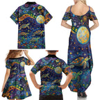 Underwater Turtles Starry Night Sky Family Matching Summer Maxi Dress and Hawaiian Shirt Aboriginal Dot Painting Full Moon Coral Landscape