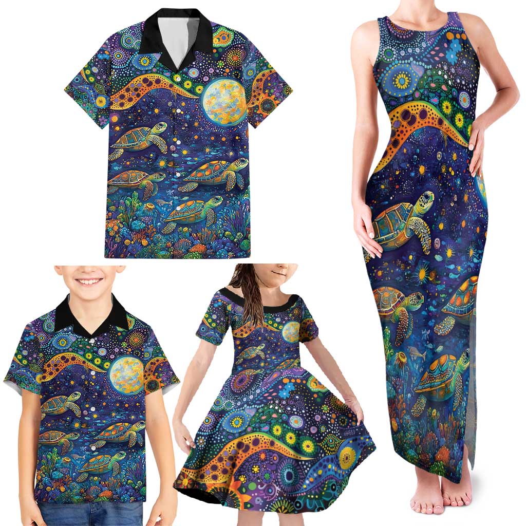 Underwater Turtles Starry Night Sky Family Matching Tank Maxi Dress and Hawaiian Shirt Aboriginal Dot Painting Full Moon Coral Landscape