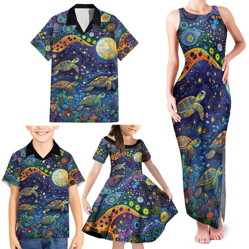 Underwater Turtles Starry Night Sky Family Matching Tank Maxi Dress and Hawaiian Shirt Aboriginal Dot Painting Full Moon Coral Landscape