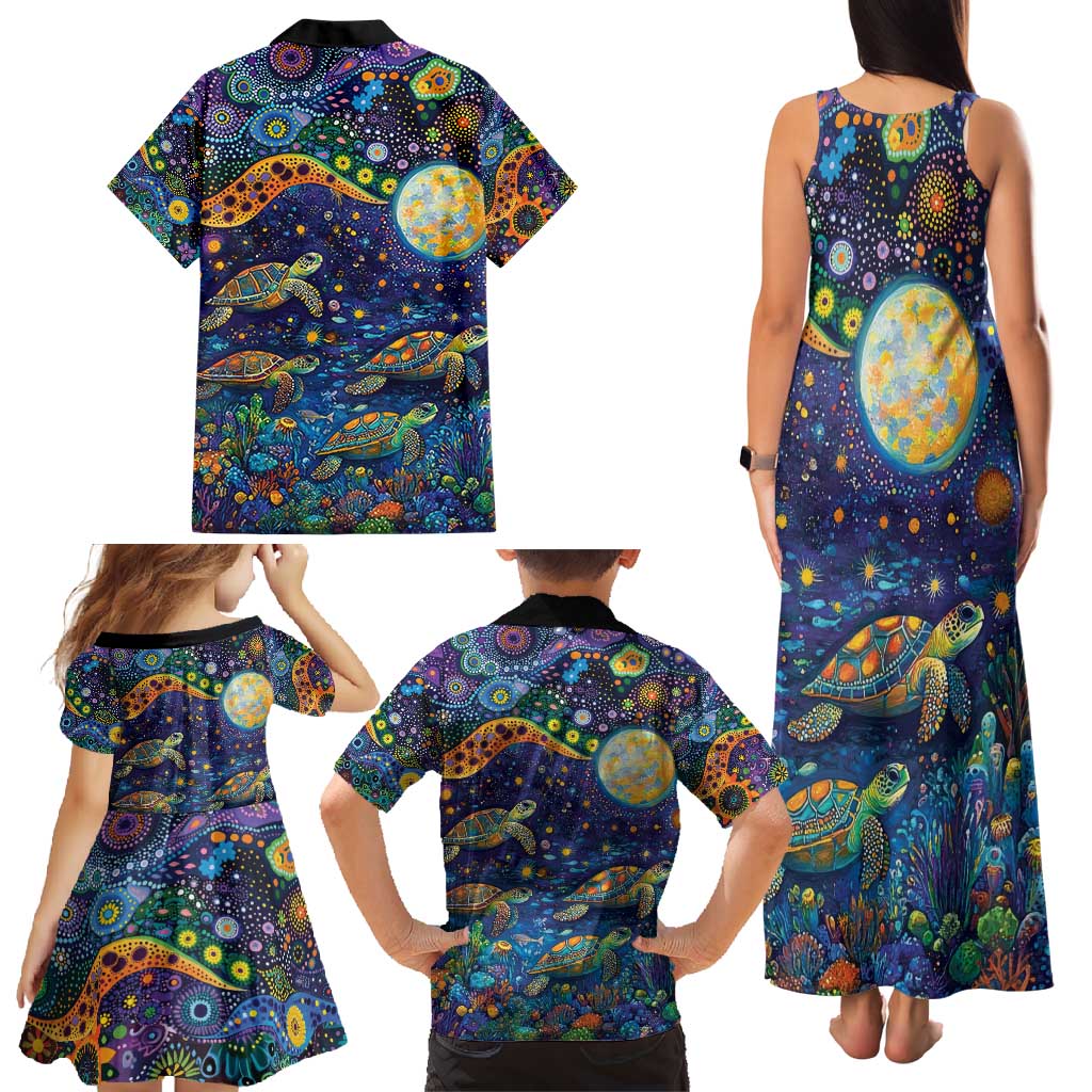 Underwater Turtles Starry Night Sky Family Matching Tank Maxi Dress and Hawaiian Shirt Aboriginal Dot Painting Full Moon Coral Landscape