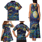 Underwater Turtles Starry Night Sky Family Matching Tank Maxi Dress and Hawaiian Shirt Aboriginal Dot Painting Full Moon Coral Landscape