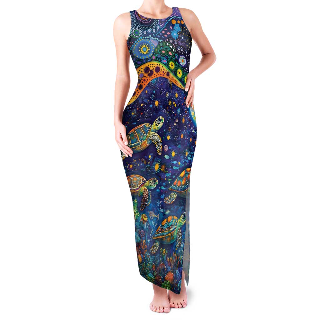 Underwater Turtles Starry Night Sky Family Matching Tank Maxi Dress and Hawaiian Shirt Aboriginal Dot Painting Full Moon Coral Landscape