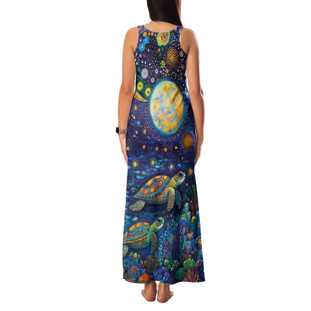Underwater Turtles Starry Night Sky Family Matching Tank Maxi Dress and Hawaiian Shirt Aboriginal Dot Painting Full Moon Coral Landscape