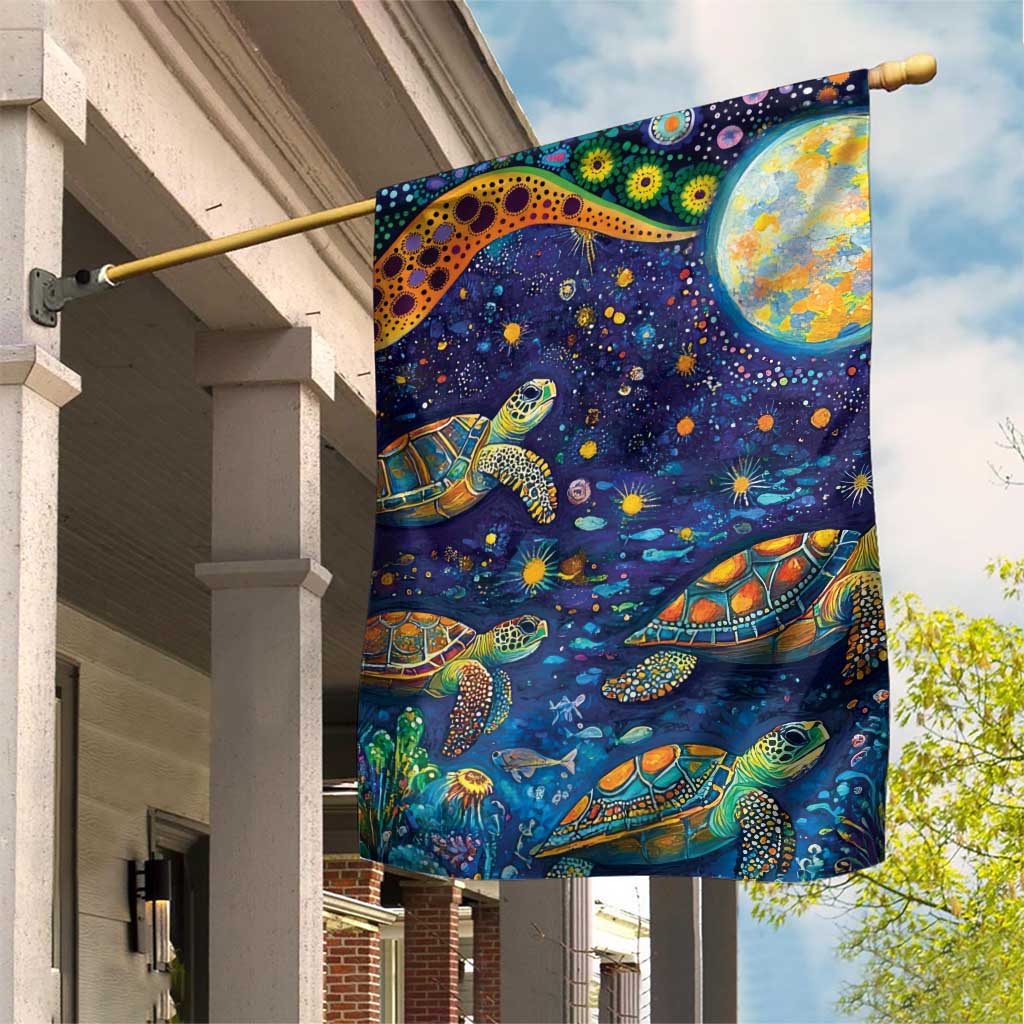 Underwater Turtles Starry Night Sky Garden Flag Aboriginal Dot Painting Full Moon Coral Landscape