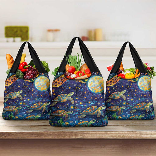Underwater Turtles Starry Night Sky Grocery Bag Aboriginal Dot Painting Full Moon Coral Landscape
