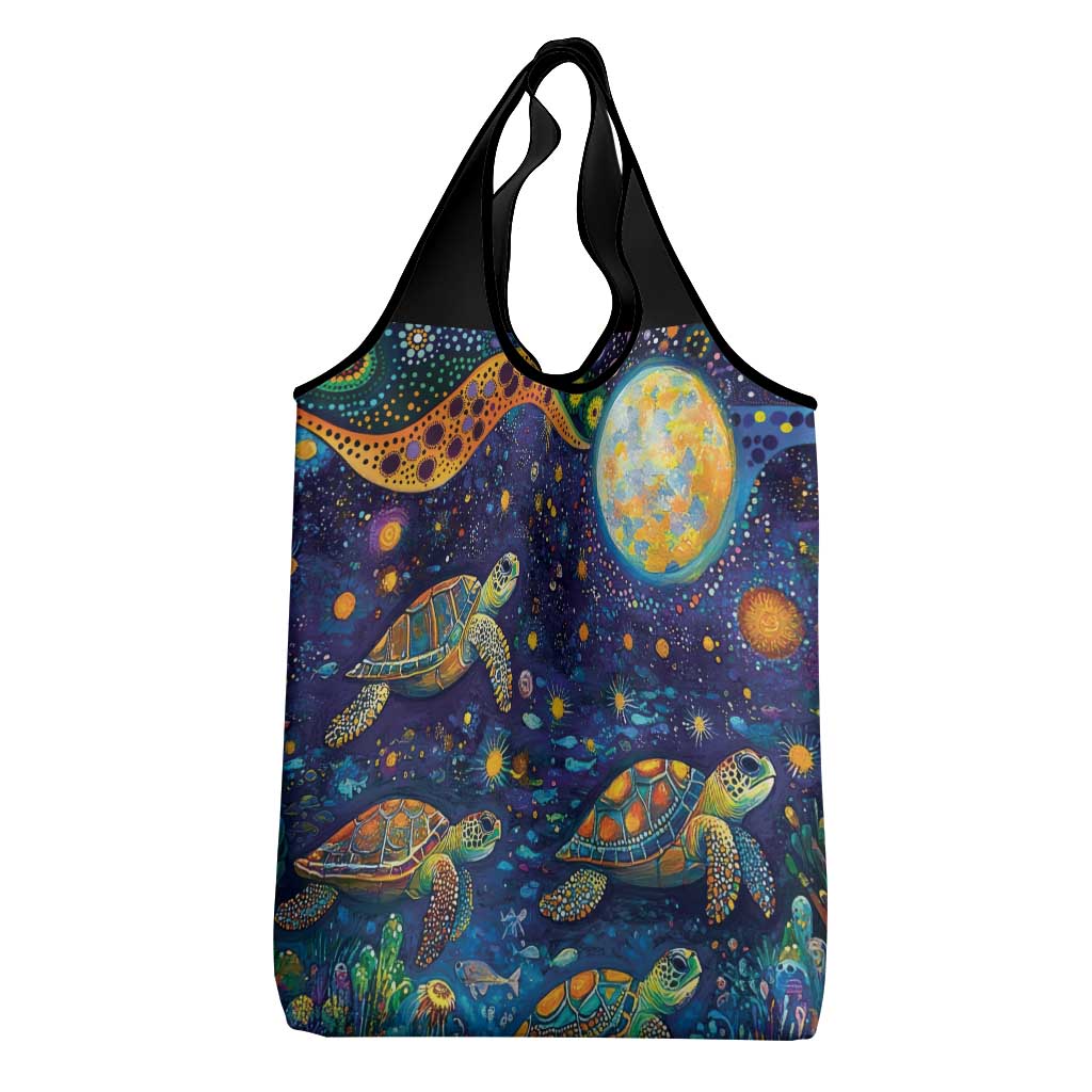 Underwater Turtles Starry Night Sky Grocery Bag Aboriginal Dot Painting Full Moon Coral Landscape