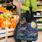 Underwater Turtles Starry Night Sky Grocery Bag Aboriginal Dot Painting Full Moon Coral Landscape
