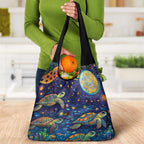 Underwater Turtles Starry Night Sky Grocery Bag Aboriginal Dot Painting Full Moon Coral Landscape