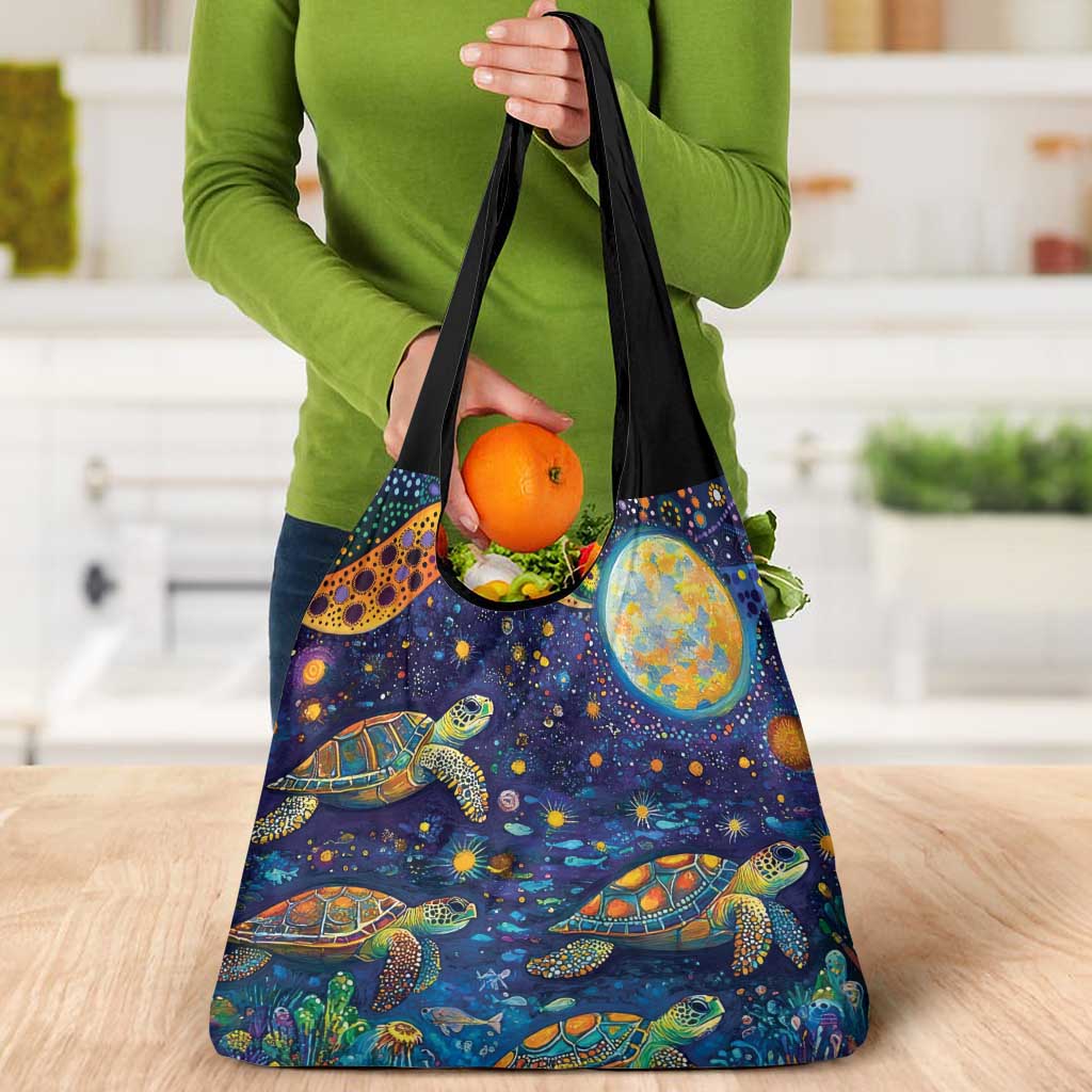 Underwater Turtles Starry Night Sky Grocery Bag Aboriginal Dot Painting Full Moon Coral Landscape