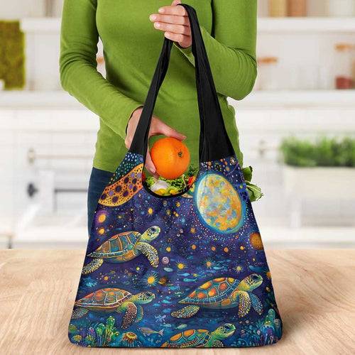 Underwater Turtles Starry Night Sky Grocery Bag Aboriginal Dot Painting Full Moon Coral Landscape