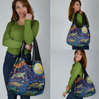 Underwater Turtles Starry Night Sky Grocery Bag Aboriginal Dot Painting Full Moon Coral Landscape