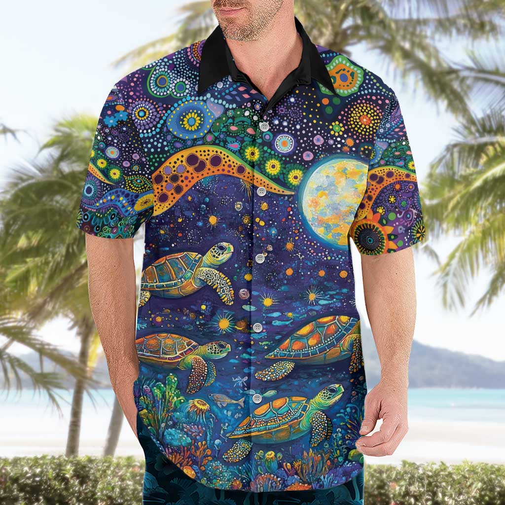 Underwater Turtles Starry Night Sky Hawaiian Shirt Aboriginal Dot Painting Full Moon Coral Landscape