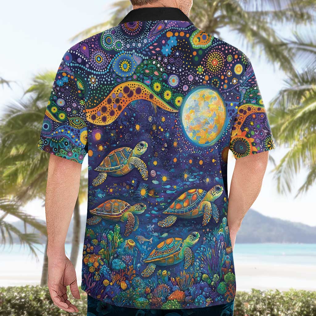 Underwater Turtles Starry Night Sky Hawaiian Shirt Aboriginal Dot Painting Full Moon Coral Landscape