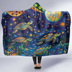 Underwater Turtles Starry Night Sky Hooded Blanket Aboriginal Dot Painting Full Moon Coral Landscape