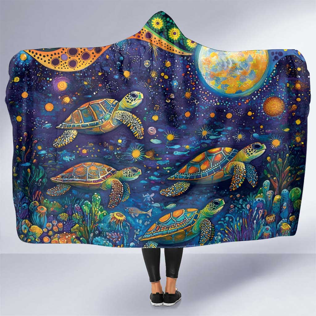 Underwater Turtles Starry Night Sky Hooded Blanket Aboriginal Dot Painting Full Moon Coral Landscape