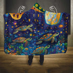 Underwater Turtles Starry Night Sky Hooded Blanket Aboriginal Dot Painting Full Moon Coral Landscape