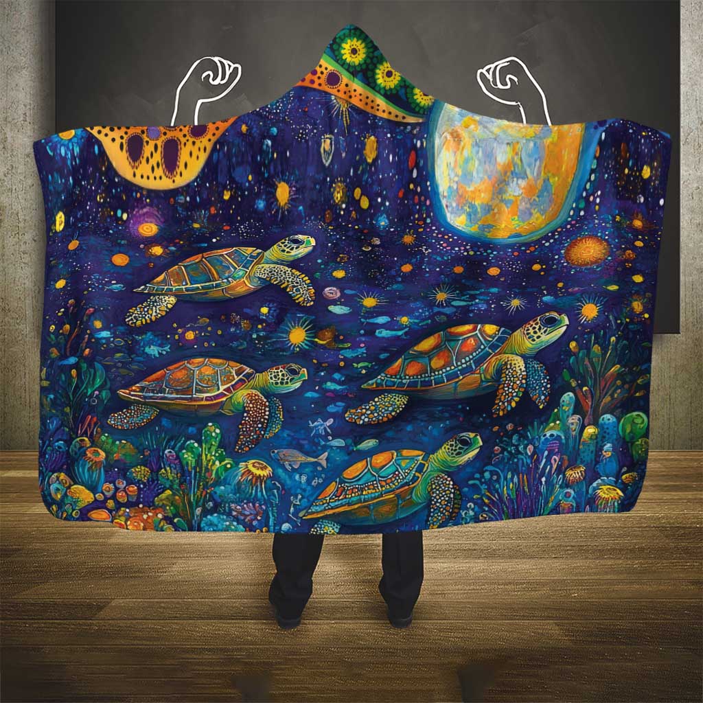 Underwater Turtles Starry Night Sky Hooded Blanket Aboriginal Dot Painting Full Moon Coral Landscape