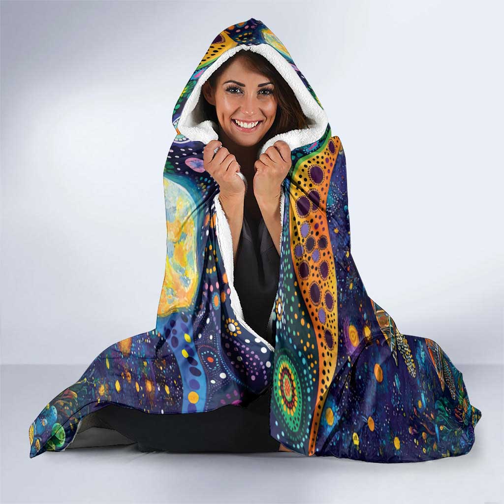 Underwater Turtles Starry Night Sky Hooded Blanket Aboriginal Dot Painting Full Moon Coral Landscape