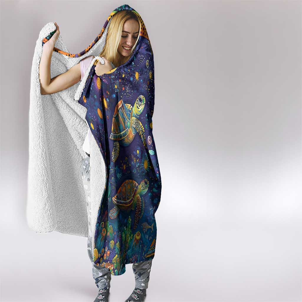 Underwater Turtles Starry Night Sky Hooded Blanket Aboriginal Dot Painting Full Moon Coral Landscape