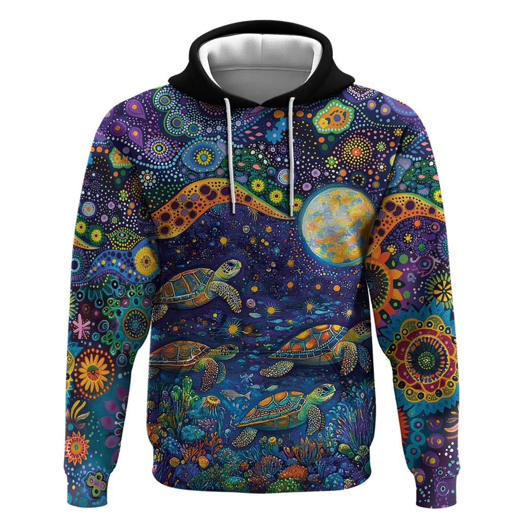 Underwater Turtles Starry Night Sky Hoodie Aboriginal Dot Painting Full Moon Coral Landscape