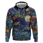 Underwater Turtles Starry Night Sky Hoodie Aboriginal Dot Painting Full Moon Coral Landscape
