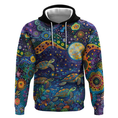 Underwater Turtles Starry Night Sky Hoodie Aboriginal Dot Painting Full Moon Coral Landscape