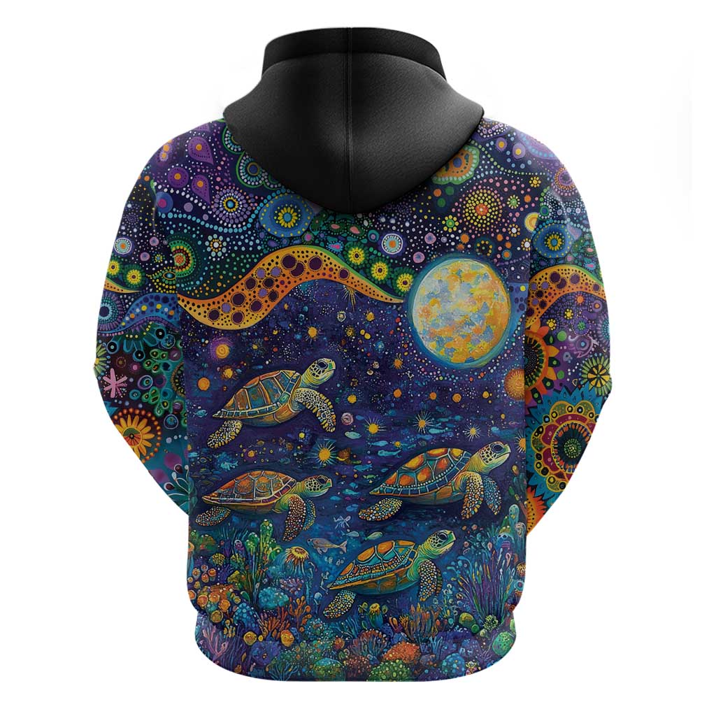 Underwater Turtles Starry Night Sky Hoodie Aboriginal Dot Painting Full Moon Coral Landscape