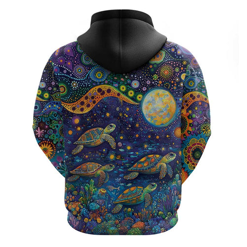 Underwater Turtles Starry Night Sky Hoodie Aboriginal Dot Painting Full Moon Coral Landscape