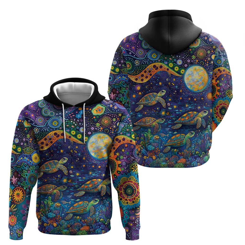 Underwater Turtles Starry Night Sky Hoodie Aboriginal Dot Painting Full Moon Coral Landscape