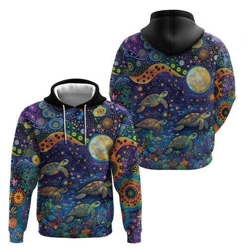 Underwater Turtles Starry Night Sky Hoodie Aboriginal Dot Painting Full Moon Coral Landscape