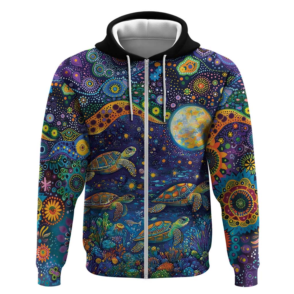 Underwater Turtles Starry Night Sky Hoodie Aboriginal Dot Painting Full Moon Coral Landscape