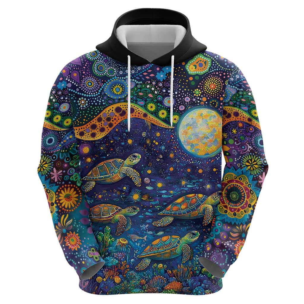 Underwater Turtles Starry Night Sky Hoodie Aboriginal Dot Painting Full Moon Coral Landscape