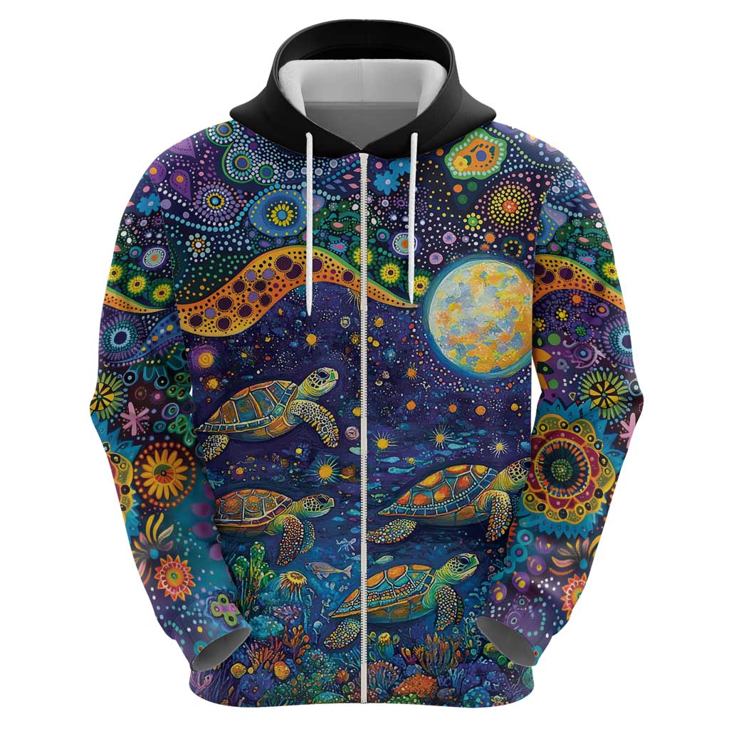 Underwater Turtles Starry Night Sky Hoodie Aboriginal Dot Painting Full Moon Coral Landscape