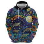 Underwater Turtles Starry Night Sky Hoodie Aboriginal Dot Painting Full Moon Coral Landscape