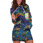 Underwater Turtles Starry Night Sky Hoodie Dress Aboriginal Dot Painting Full Moon Coral Landscape
