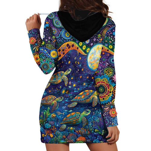 Underwater Turtles Starry Night Sky Hoodie Dress Aboriginal Dot Painting Full Moon Coral Landscape