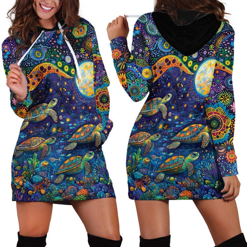 Underwater Turtles Starry Night Sky Hoodie Dress Aboriginal Dot Painting Full Moon Coral Landscape