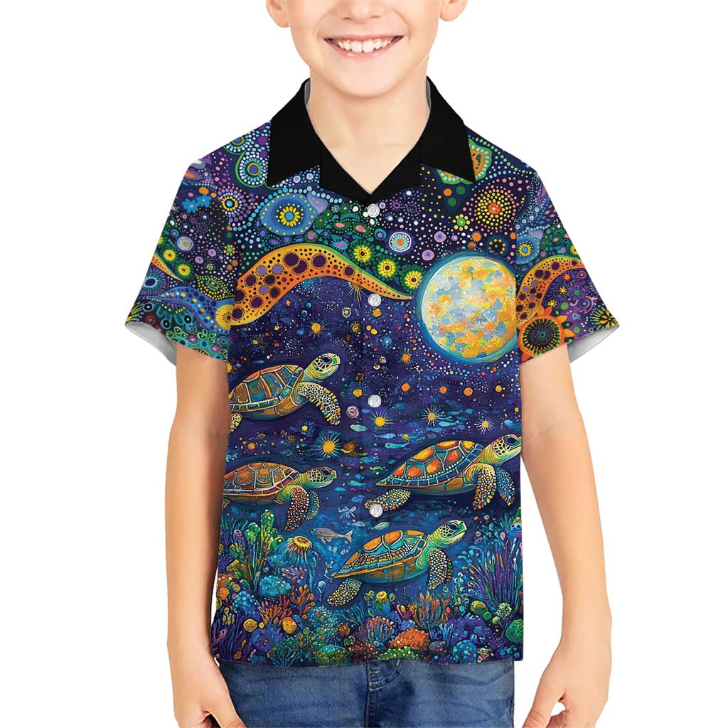 Underwater Turtles Starry Night Sky Kid Hawaiian Shirt Aboriginal Dot Painting Full Moon Coral Landscape