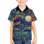 Underwater Turtles Starry Night Sky Kid Hawaiian Shirt Aboriginal Dot Painting Full Moon Coral Landscape
