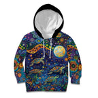 Underwater Turtles Starry Night Sky Kid Hoodie Aboriginal Dot Painting Full Moon Coral Landscape