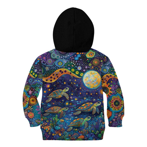 Underwater Turtles Starry Night Sky Kid Hoodie Aboriginal Dot Painting Full Moon Coral Landscape