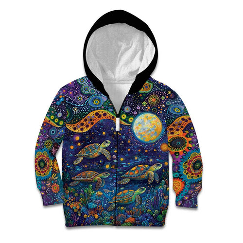 Underwater Turtles Starry Night Sky Kid Hoodie Aboriginal Dot Painting Full Moon Coral Landscape