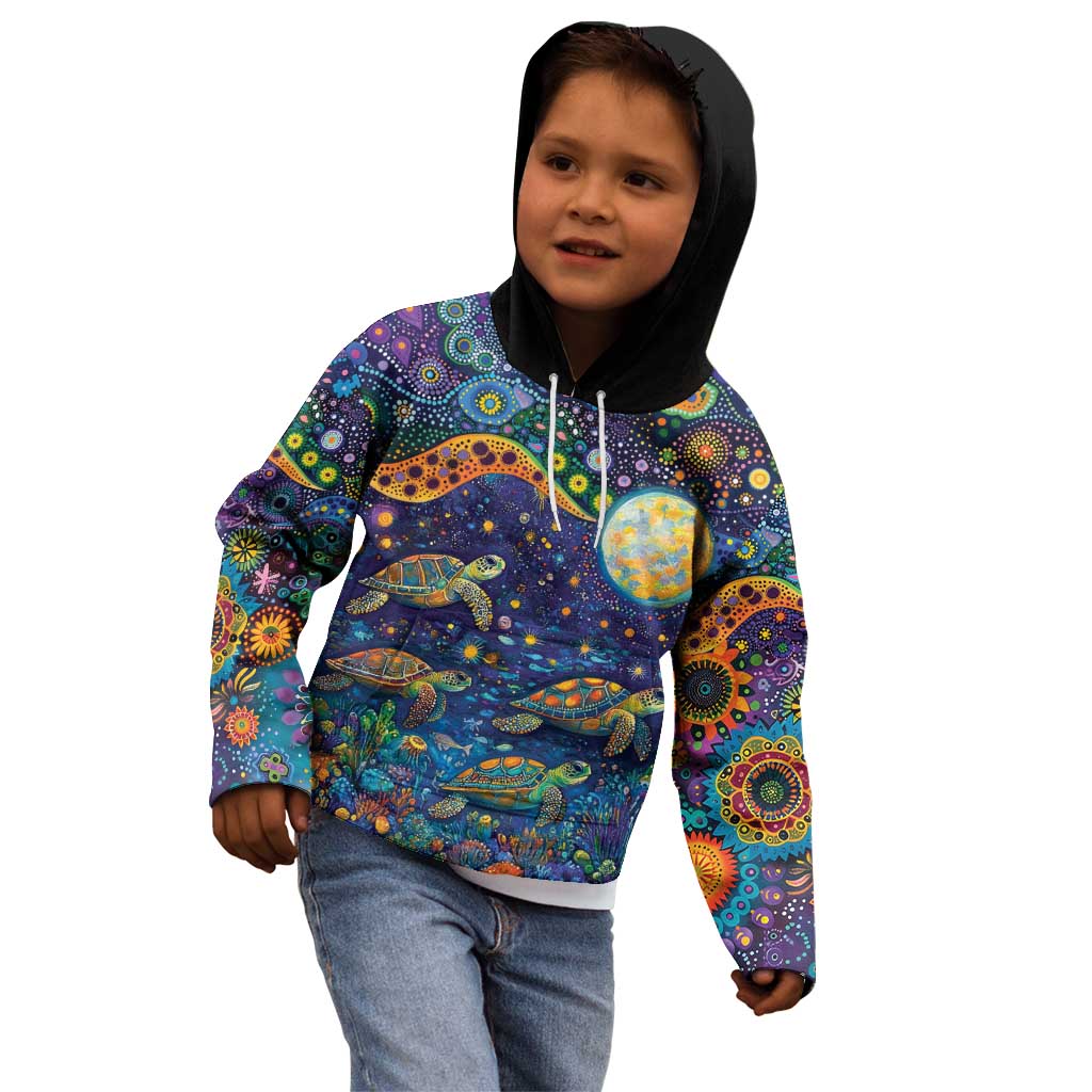 Underwater Turtles Starry Night Sky Kid Hoodie Aboriginal Dot Painting Full Moon Coral Landscape