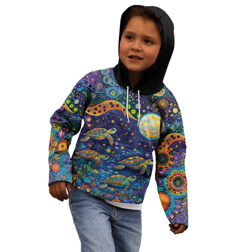 Underwater Turtles Starry Night Sky Kid Hoodie Aboriginal Dot Painting Full Moon Coral Landscape