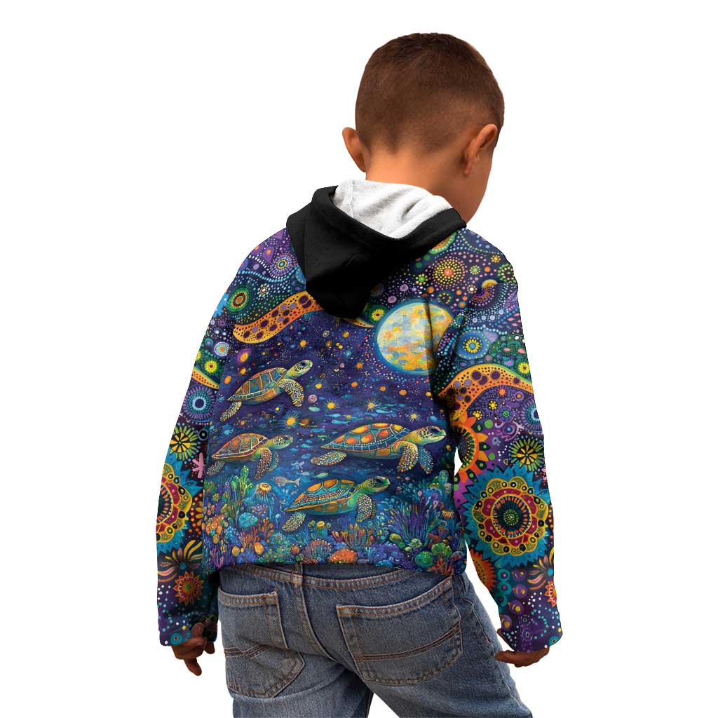 Underwater Turtles Starry Night Sky Kid Hoodie Aboriginal Dot Painting Full Moon Coral Landscape