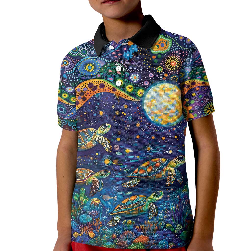 Underwater Turtles Starry Night Sky Kid Polo Shirt Aboriginal Dot Painting Full Moon Coral Landscape